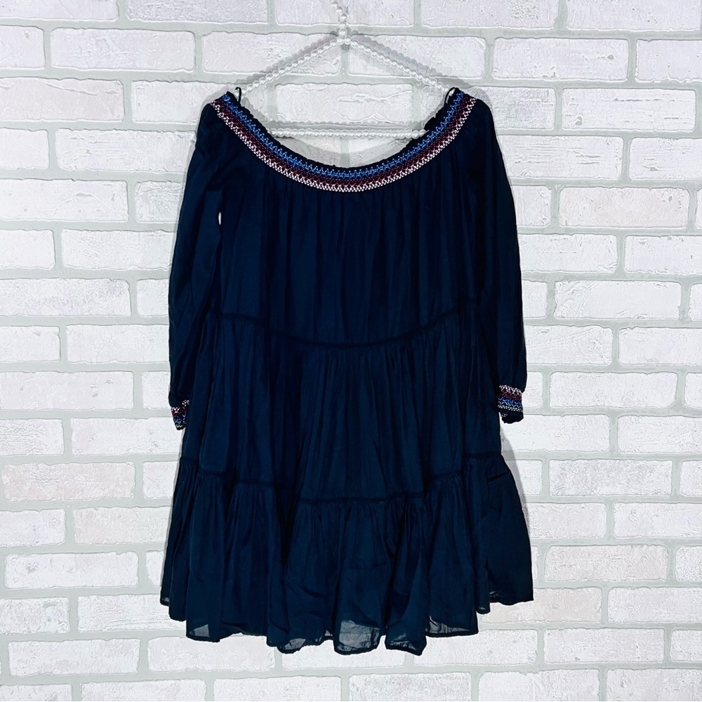 Free People Black Off-Shoulder Mini Dress with Floral Embroidery Size M - Picture 6 of 14